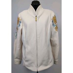 Bob Mackie Jacket‎ Women Sz S Cream Fleece Floral Embroidered Art Full Zip Coat